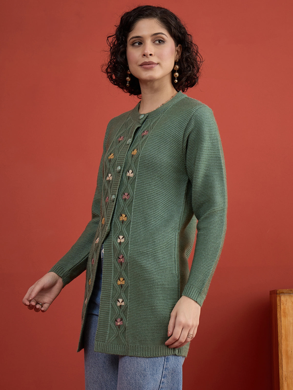 CLAPTON Women Floral Woolen Cardigan with Embroidered Pista