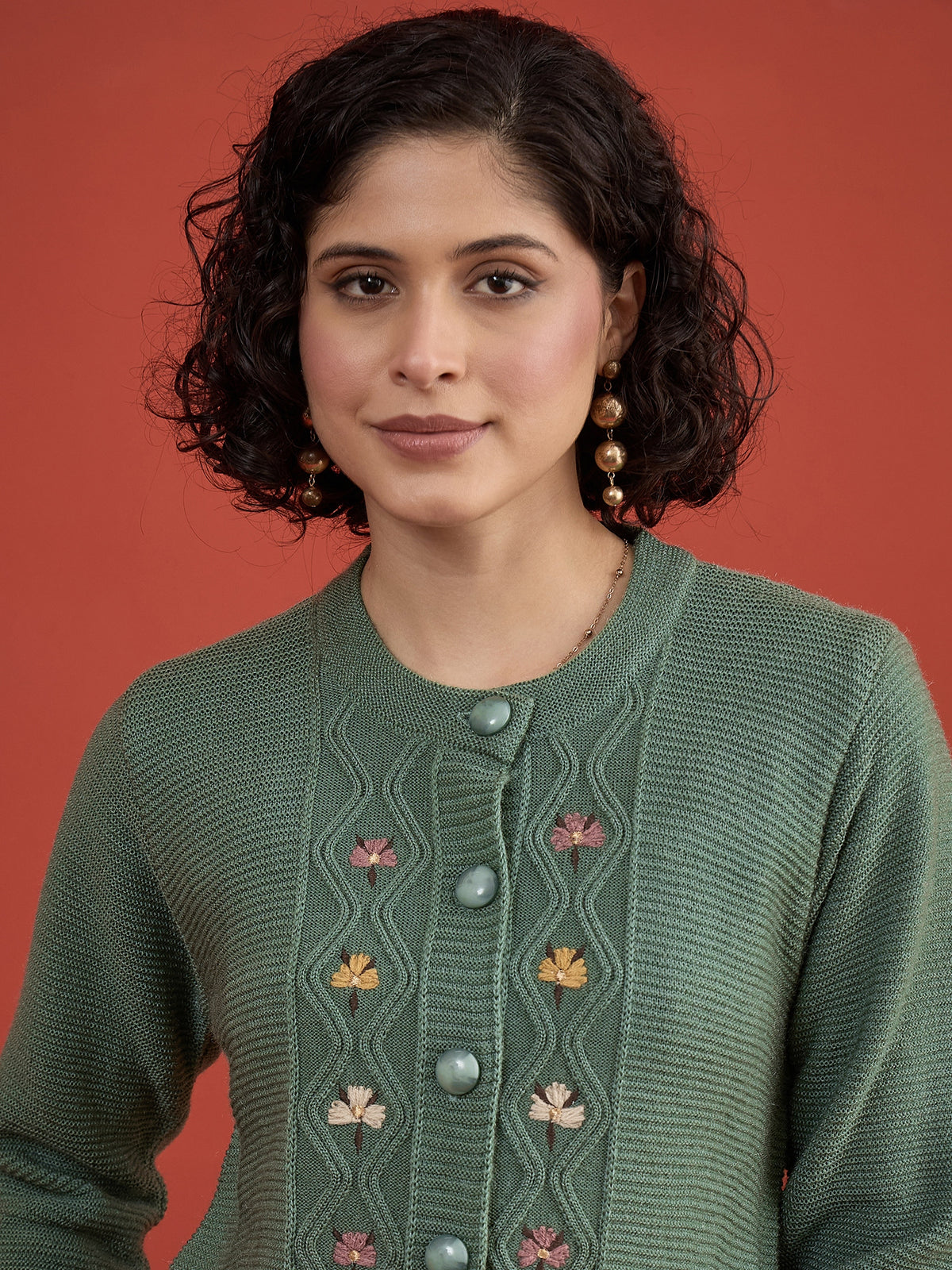 CLAPTON Women Floral Woolen Cardigan with Embroidered Pista
