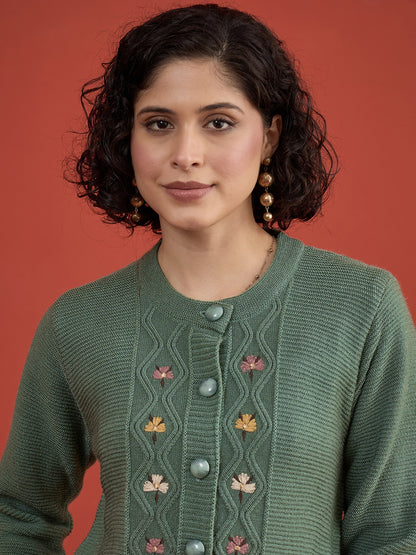 CLAPTON Women Floral Woolen Cardigan with Embroidered Pista