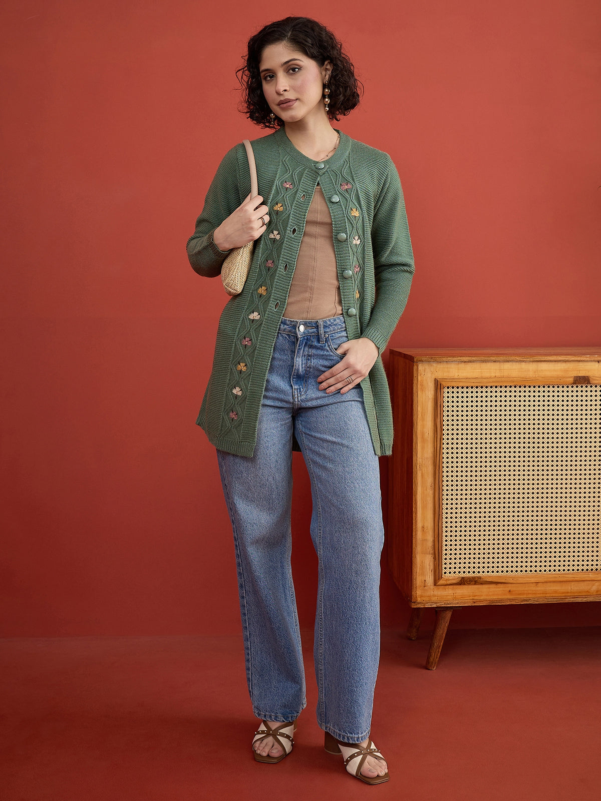 CLAPTON Women Floral Woolen Cardigan with Embroidered Pista