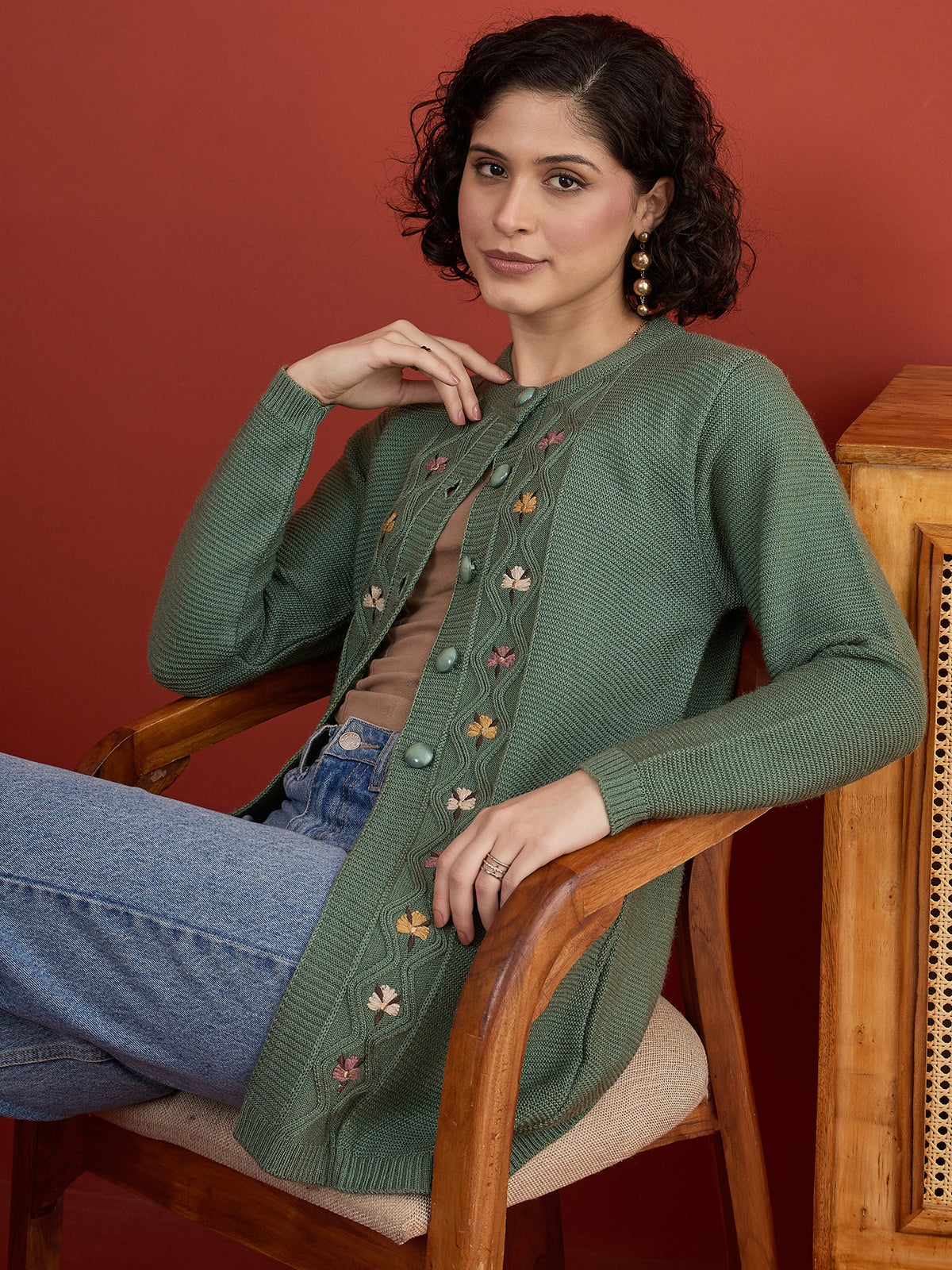 CLAPTON Women Floral Woolen Cardigan with Embroidered Pista