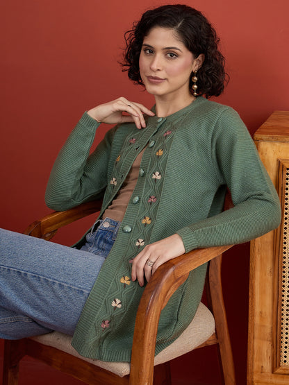 CLAPTON Women Floral Woolen Cardigan with Embroidered Pista