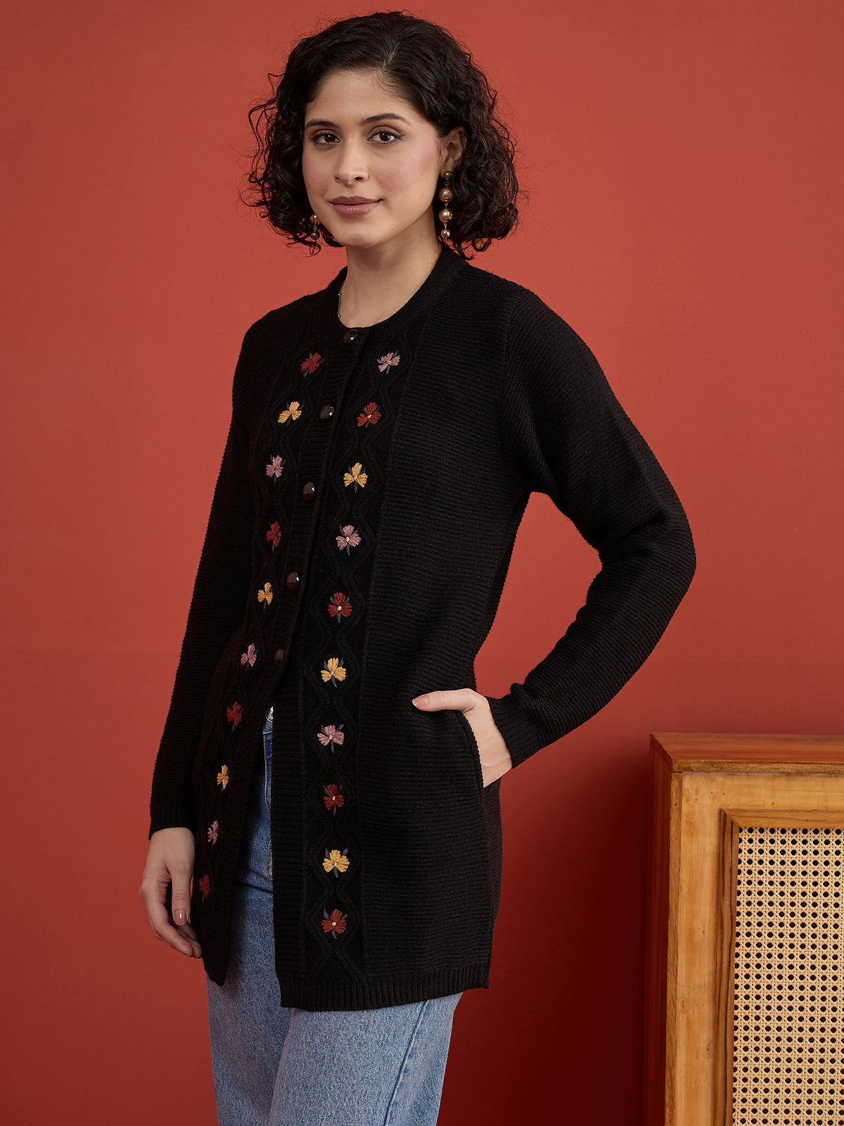 CLAPTON Women Floral Woolen Cardigan with Embroidered Black