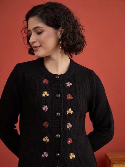 CLAPTON Women Floral Woolen Cardigan with Embroidered Black