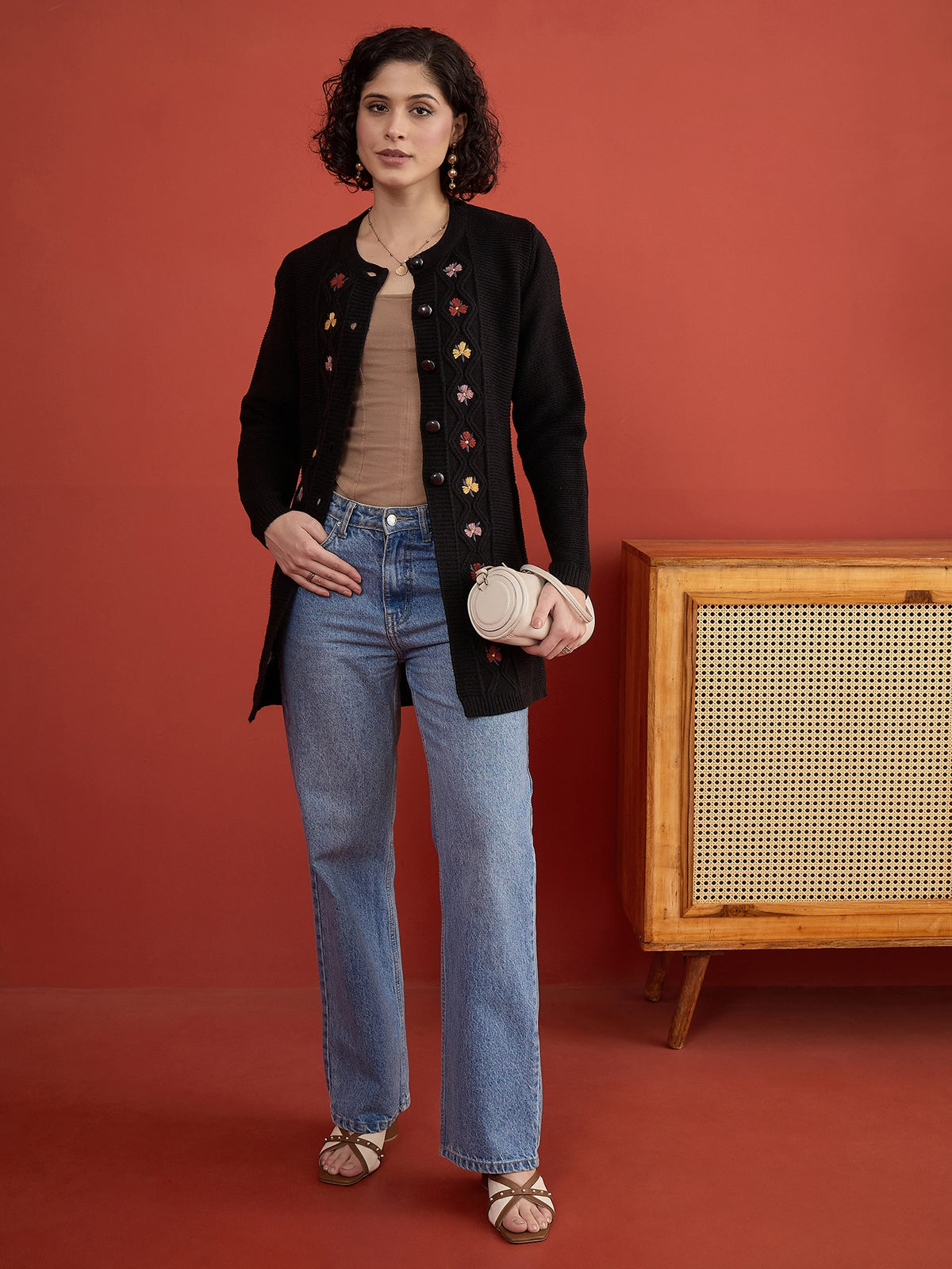 CLAPTON Women Floral Woolen Cardigan with Embroidered Black