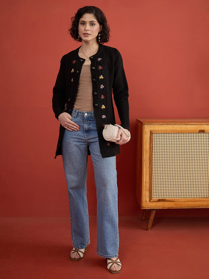 CLAPTON Women Floral Woolen Cardigan with Embroidered Black