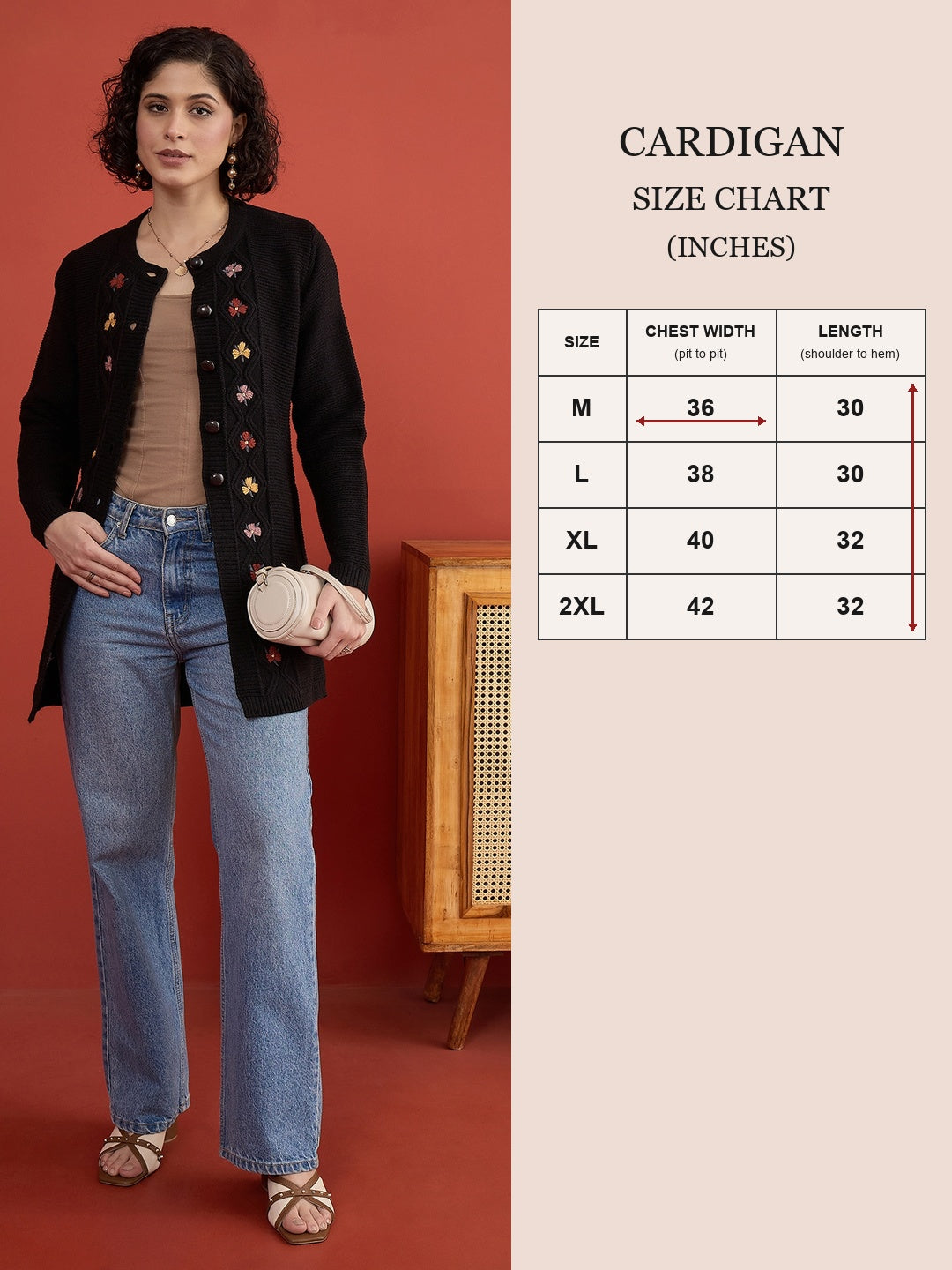 CLAPTON Women Floral Woolen Cardigan with Embroidered Black