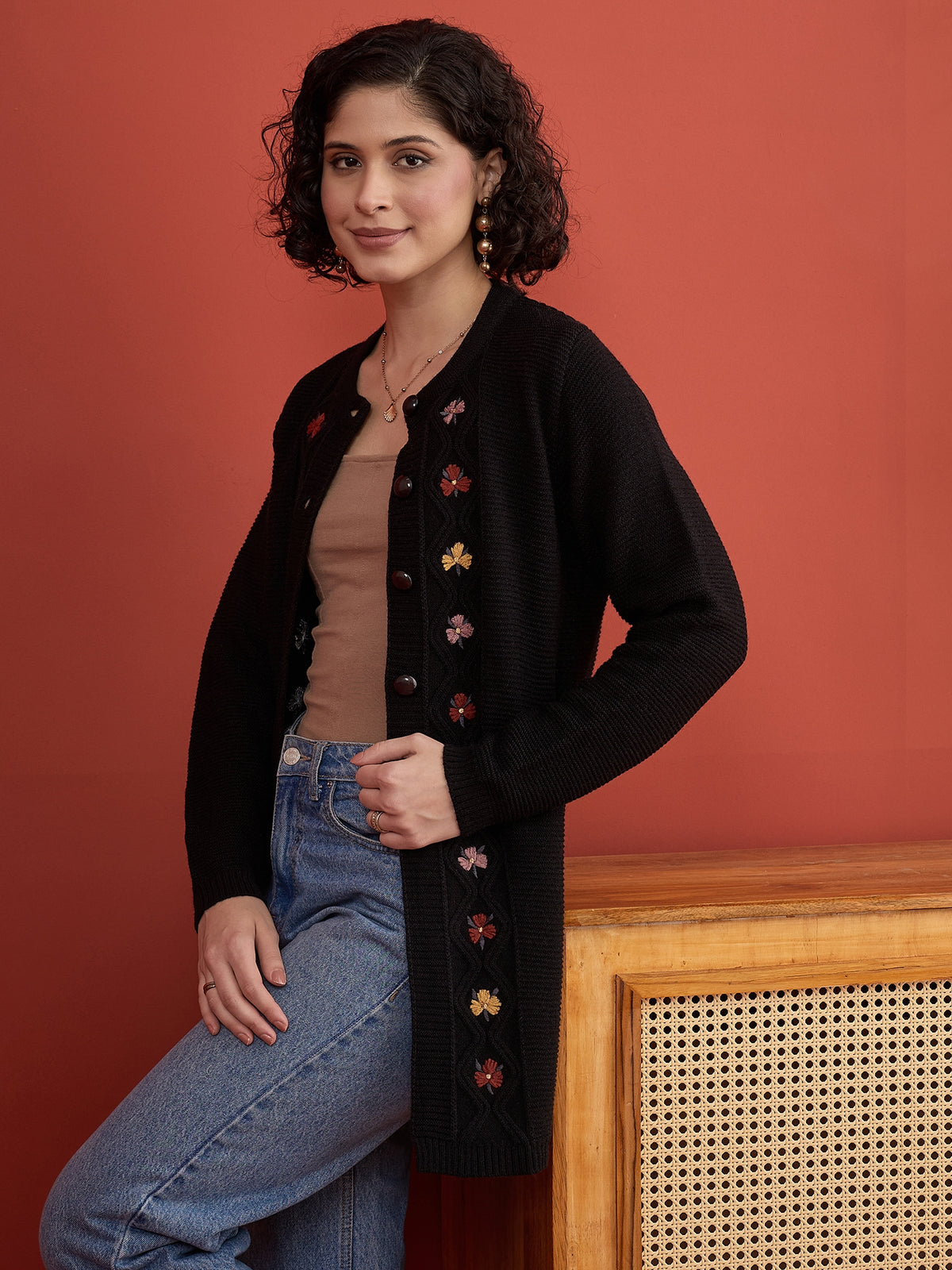 CLAPTON Women Floral Woolen Cardigan with Embroidered Black