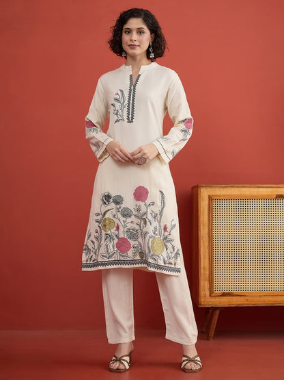 CLAPTON White Floral & Motif Embroidered Mandarin Collar Woolen Kurta with Trousers & Dupatta/Shawl Set (Copy) (Copy) (Copy)