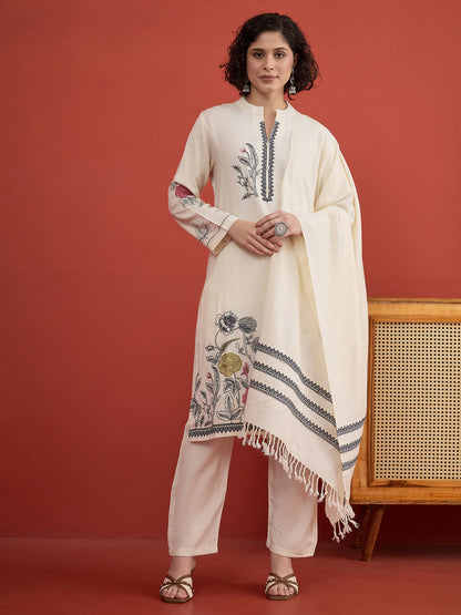 CLAPTON White Floral & Motif Embroidered Mandarin Collar Woolen Kurta with Trousers & Dupatta/Shawl Set (Copy) (Copy) (Copy)