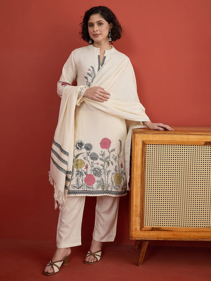 CLAPTON White Floral & Motif Embroidered Mandarin Collar Woolen Kurta with Trousers & Dupatta/Shawl Set (Copy) (Copy) (Copy)