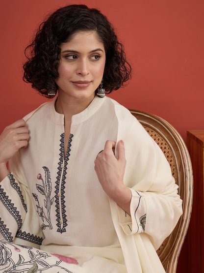 CLAPTON White Floral & Motif Embroidered Mandarin Collar Woolen Kurta with Trousers & Dupatta/Shawl Set (Copy) (Copy) (Copy)