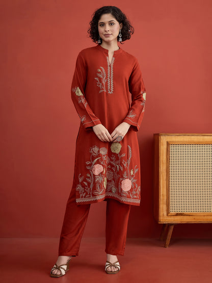 CLAPTON Indo Era Floral & Motif Embroidered Mandarin Collar Woolen Kurta with Trousers & Dupatta/Shawl Set