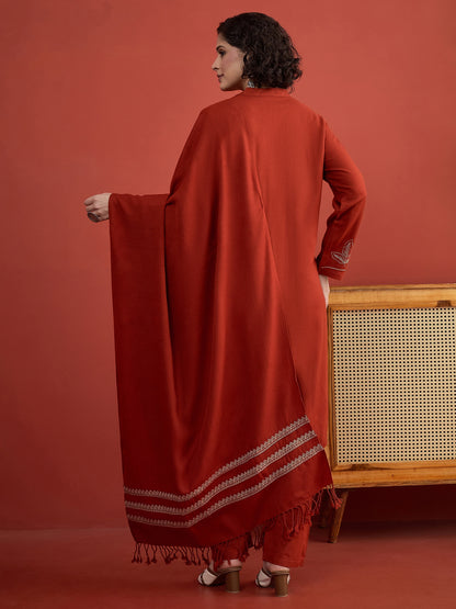 CLAPTON Indo Era Floral & Motif Embroidered Mandarin Collar Woolen Kurta with Trousers & Dupatta/Shawl Set