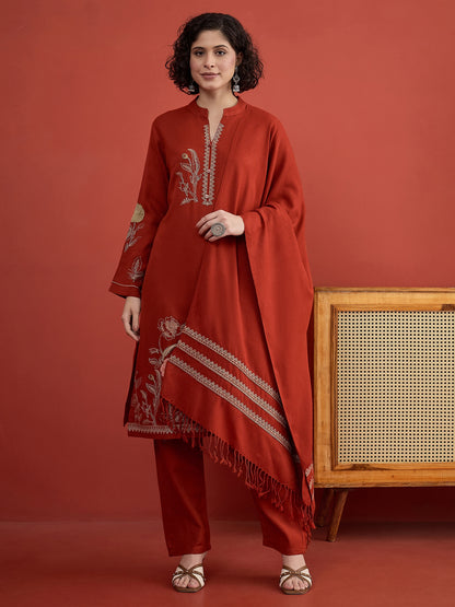 CLAPTON Indo Era Floral & Motif Embroidered Mandarin Collar Woolen Kurta with Trousers & Dupatta/Shawl Set