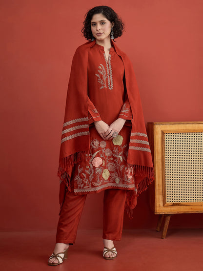 CLAPTON Indo Era Floral & Motif Embroidered Mandarin Collar Woolen Kurta with Trousers & Dupatta/Shawl Set