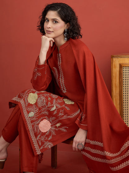 CLAPTON Indo Era Floral & Motif Embroidered Mandarin Collar Woolen Kurta with Trousers & Dupatta/Shawl Set