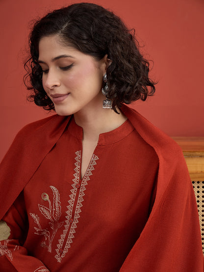 CLAPTON Indo Era Floral & Motif Embroidered Mandarin Collar Woolen Kurta with Trousers & Dupatta/Shawl Set