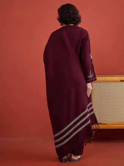 CLAPTON Purple Floral & Motif Embroidered Mandarin Collar Woolen Kurta with Trousers & Dupatta/Shawl Set (Copy)
