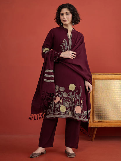 CLAPTON Purple Floral & Motif Embroidered Mandarin Collar Woolen Kurta with Trousers & Dupatta/Shawl Set (Copy)