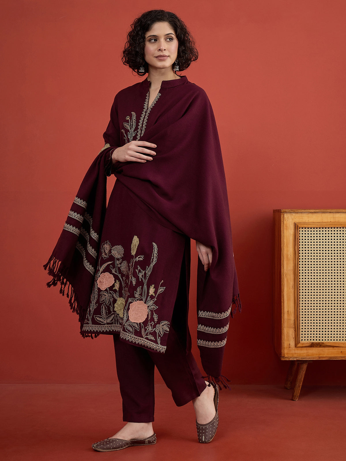 CLAPTON Purple Floral & Motif Embroidered Mandarin Collar Woolen Kurta with Trousers & Dupatta/Shawl Set (Copy)