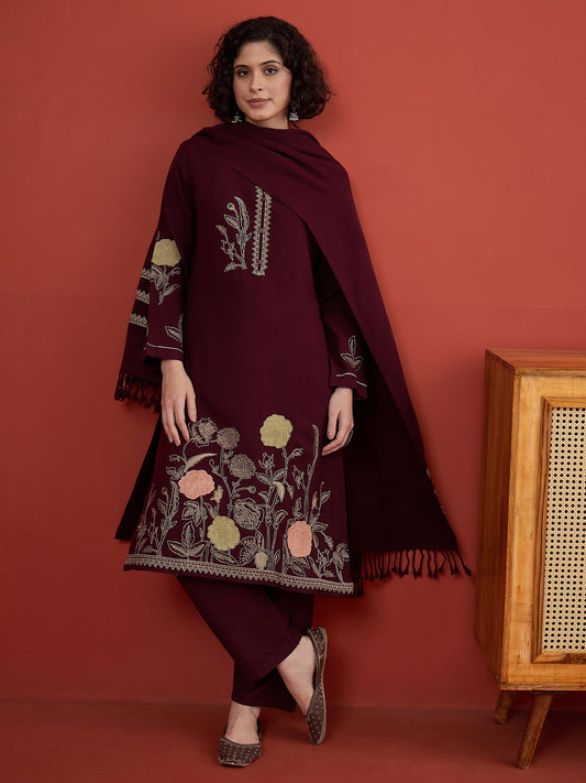 CLAPTON Purple Floral & Motif Embroidered Mandarin Collar Woolen Kurta with Trousers & Dupatta/Shawl Set (Copy)