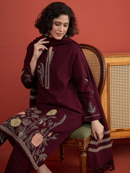 CLAPTON Purple Floral & Motif Embroidered Mandarin Collar Woolen Kurta with Trousers & Dupatta/Shawl Set (Copy)