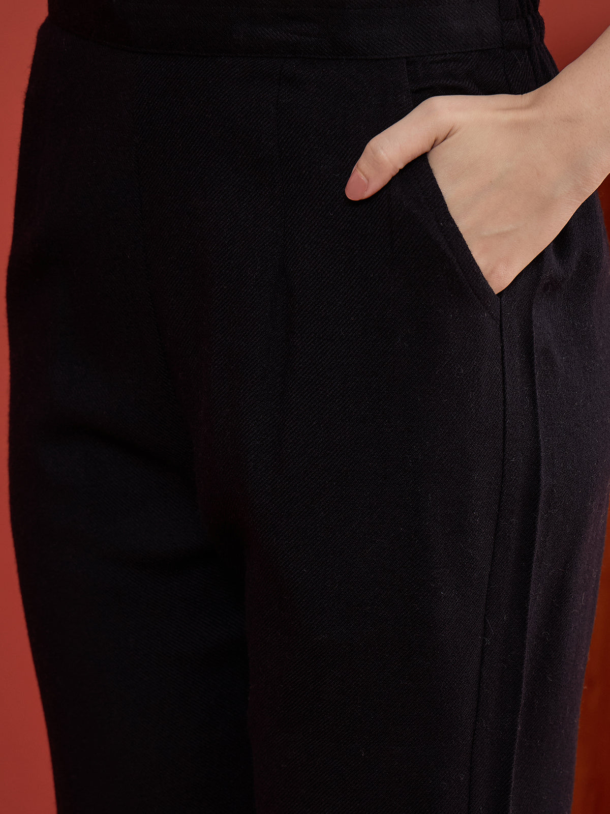 CLAPTON Black Floral & Motif Embroidered Mandarin Collar Woolen Kurta with Trousers & Dupatta/Shawl Set
