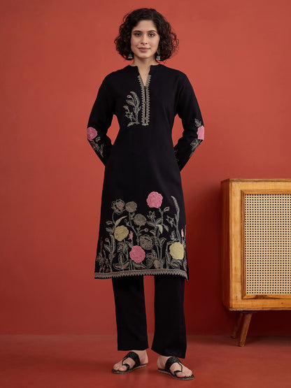 CLAPTON Black Floral & Motif Embroidered Mandarin Collar Woolen Kurta with Trousers & Dupatta/Shawl Set