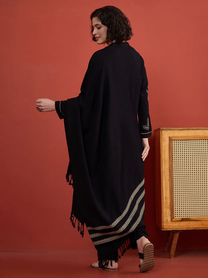 CLAPTON Black Floral & Motif Embroidered Mandarin Collar Woolen Kurta with Trousers & Dupatta/Shawl Set