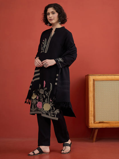 CLAPTON Black Floral & Motif Embroidered Mandarin Collar Woolen Kurta with Trousers & Dupatta/Shawl Set
