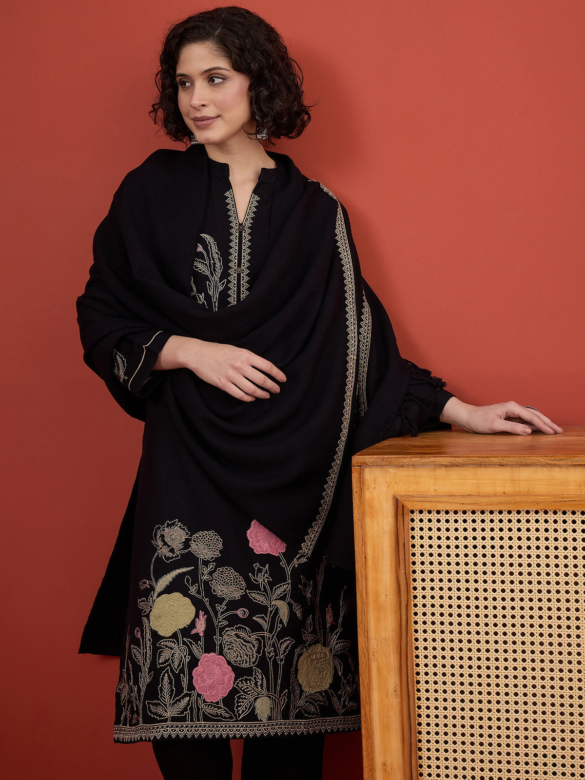 CLAPTON Black Floral & Motif Embroidered Mandarin Collar Woolen Kurta with Trousers & Dupatta/Shawl Set