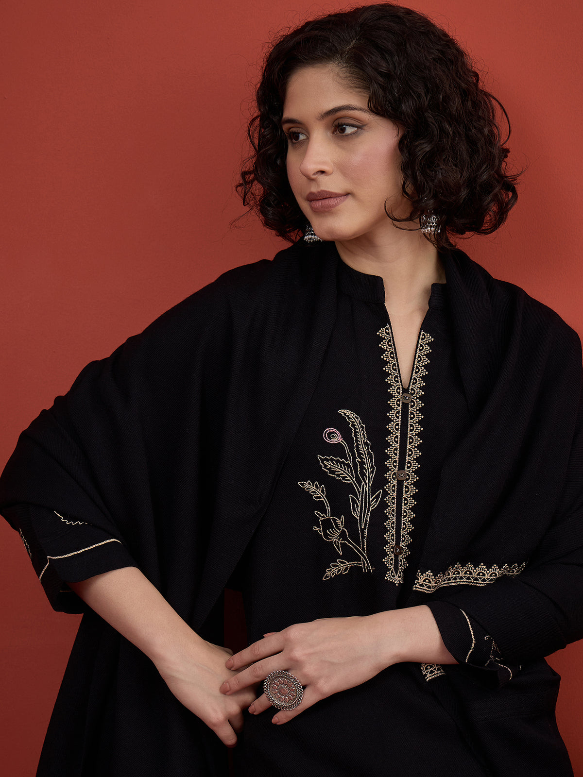 CLAPTON Black Floral & Motif Embroidered Mandarin Collar Woolen Kurta with Trousers & Dupatta/Shawl Set