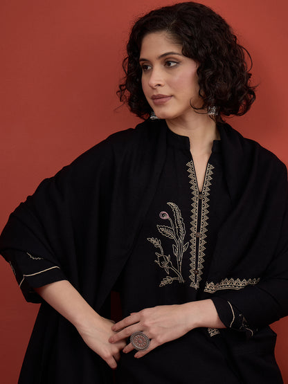 CLAPTON Black Floral & Motif Embroidered Mandarin Collar Woolen Kurta with Trousers & Dupatta/Shawl Set