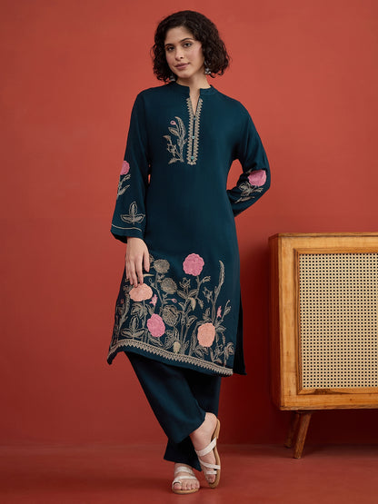 CLAPTON Peacock Floral & Motif Embroidered Mandarin Collar Woolen Kurta with Trousers & Dupatta/Shawl Set (Copy) (Copy)