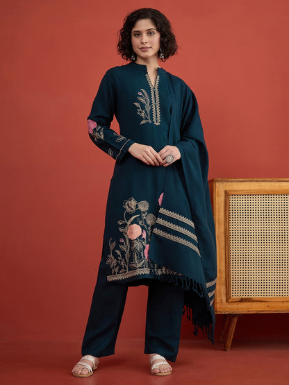 CLAPTON Peacock Floral & Motif Embroidered Mandarin Collar Woolen Kurta with Trousers & Dupatta/Shawl Set (Copy) (Copy)
