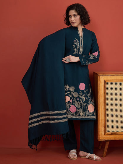 CLAPTON Peacock Floral & Motif Embroidered Mandarin Collar Woolen Kurta with Trousers & Dupatta/Shawl Set (Copy) (Copy)