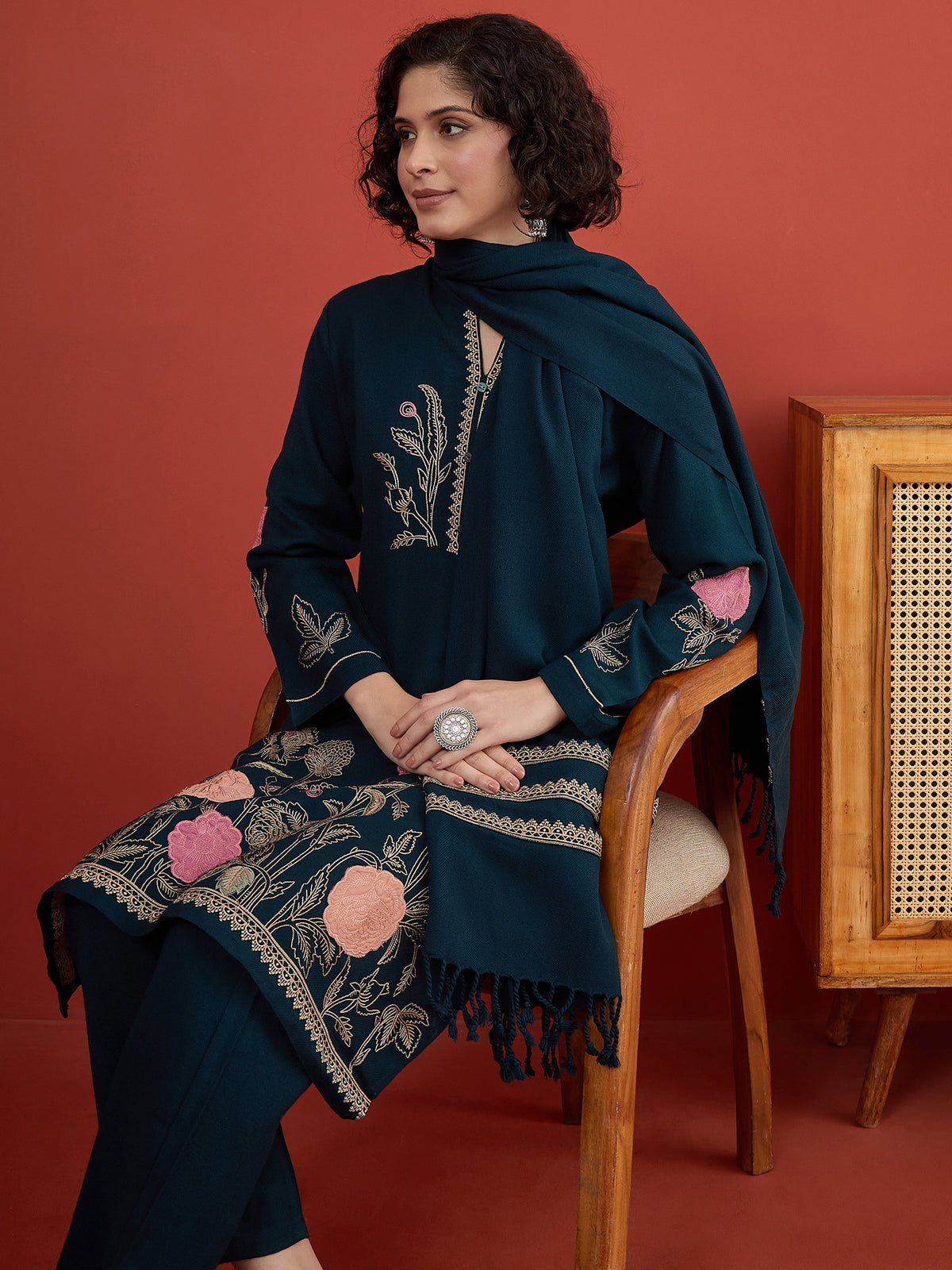 CLAPTON Peacock Floral & Motif Embroidered Mandarin Collar Woolen Kurta with Trousers & Dupatta/Shawl Set (Copy) (Copy)