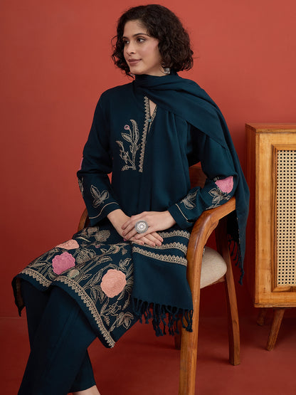 CLAPTON Peacock Floral & Motif Embroidered Mandarin Collar Woolen Kurta with Trousers & Dupatta/Shawl Set (Copy) (Copy)