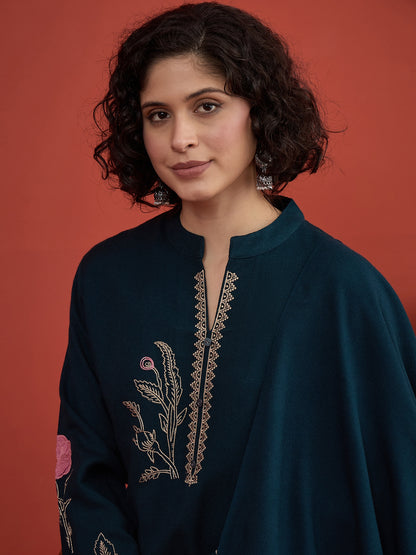 CLAPTON Peacock Floral & Motif Embroidered Mandarin Collar Woolen Kurta with Trousers & Dupatta/Shawl Set (Copy) (Copy)