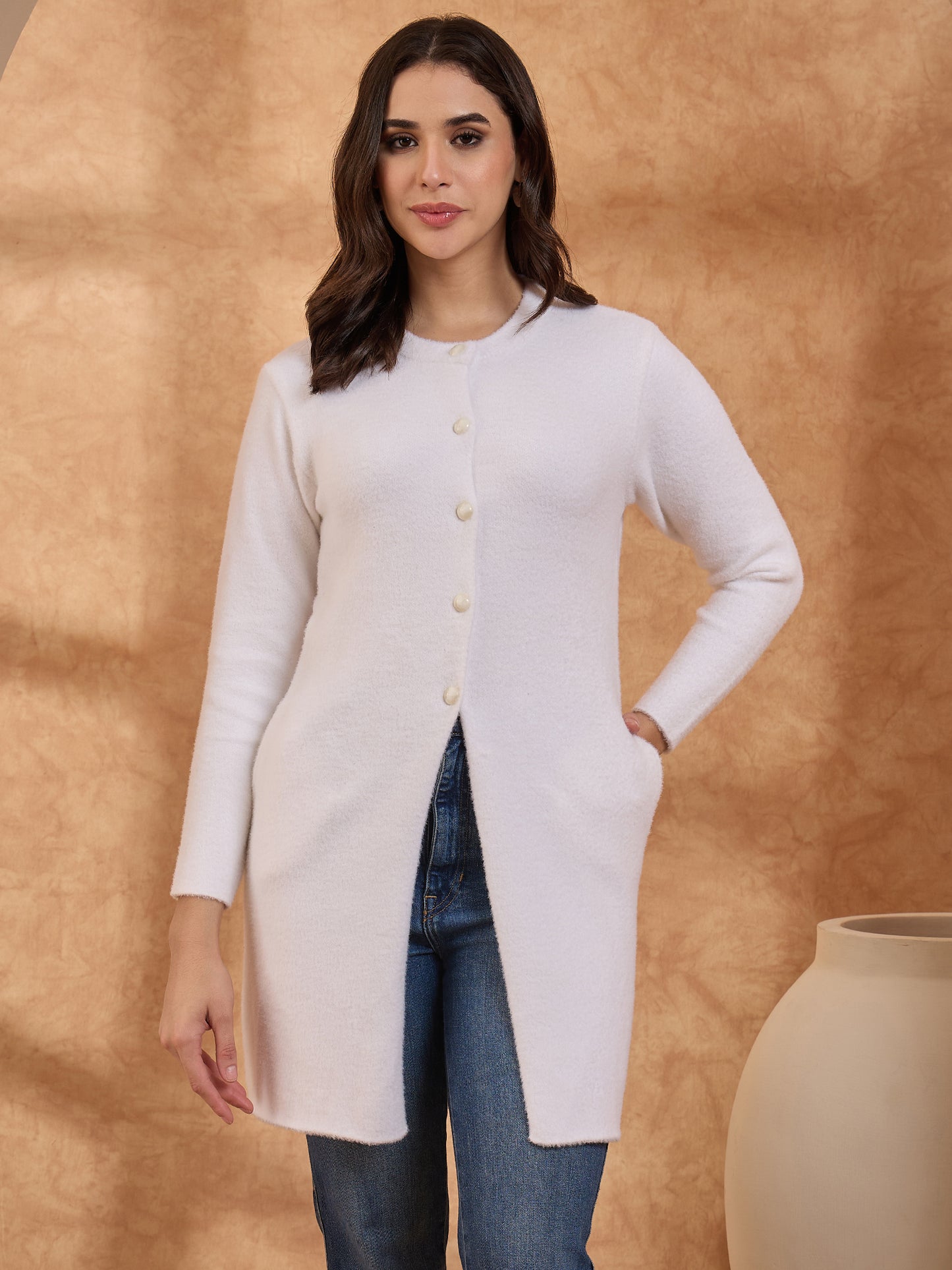 Women’s Longline Full-Sleeve Button-Front Cardigan White