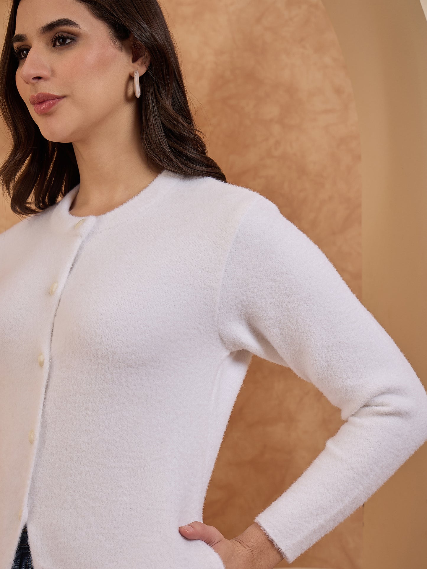 Women’s Longline Full-Sleeve Button-Front Cardigan White