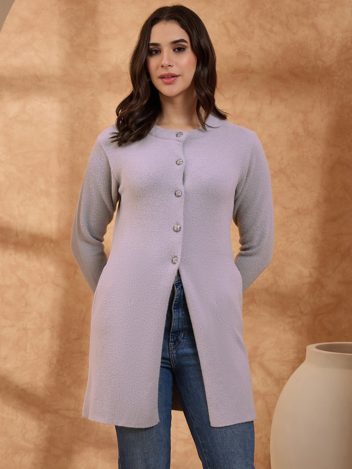 Women’s Longline Full-Sleeve Button-Front Cardigan Purple