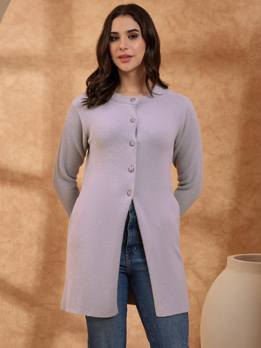 Women’s Longline Full-Sleeve Button-Front Cardigan Purple