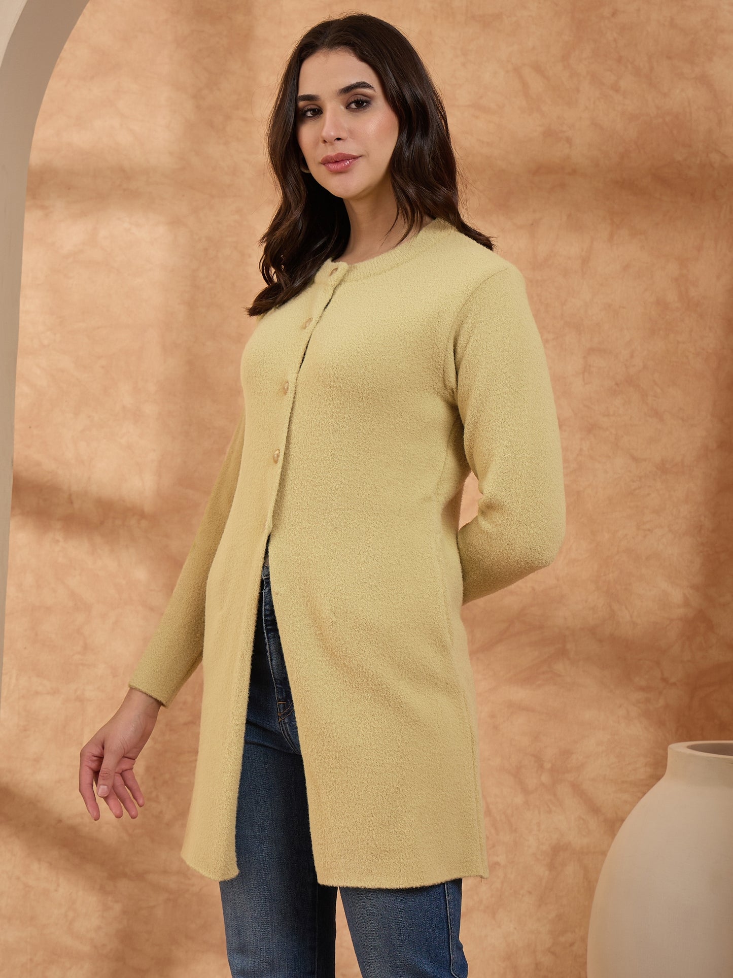Women’s Longline Full-Sleeve Button-Front Cardigan GOLD