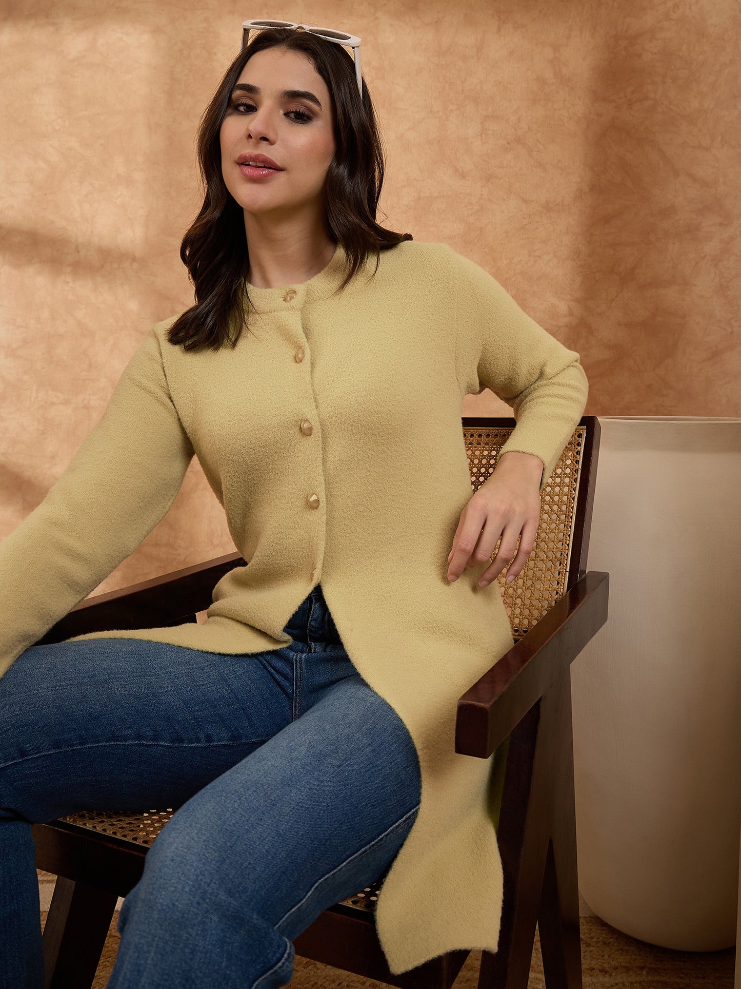 Women’s Longline Full-Sleeve Button-Front Cardigan GOLD
