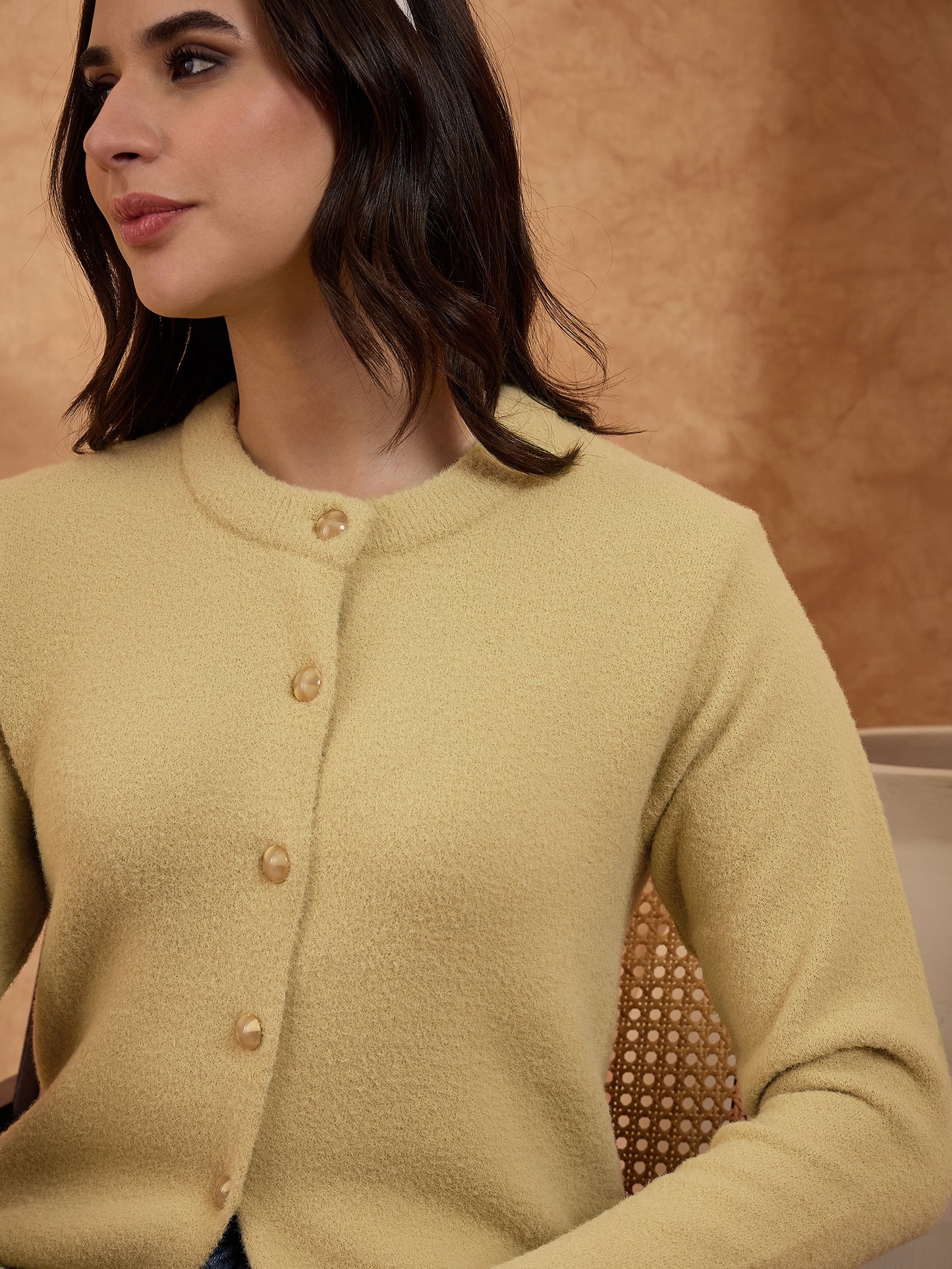 Women’s Longline Full-Sleeve Button-Front Cardigan GOLD