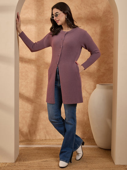 Women’s Longline Full-Sleeve Button-Front Cardigan Peach