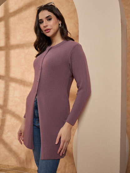 Women’s Longline Full-Sleeve Button-Front Cardigan Peach