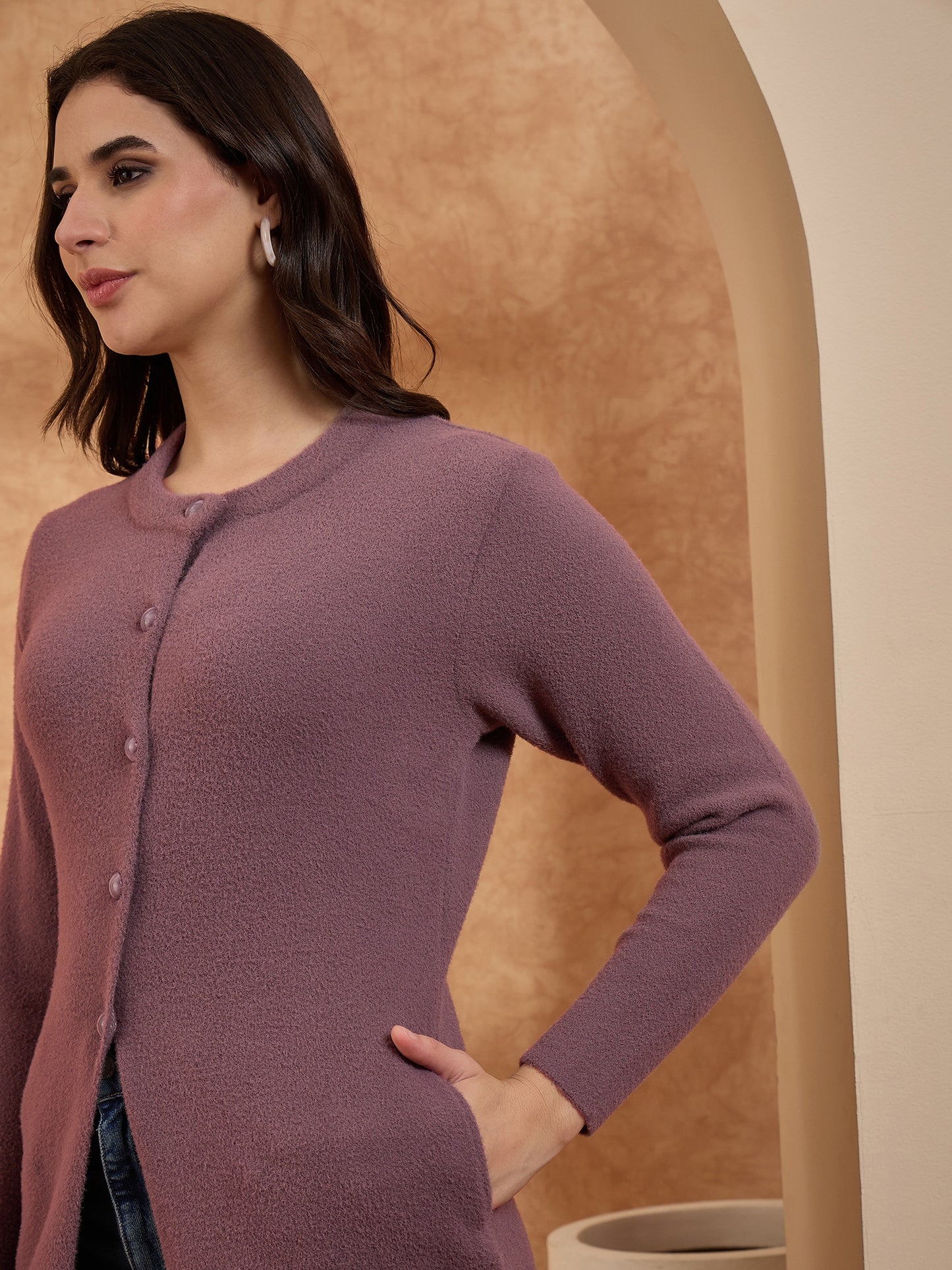 Women’s Longline Full-Sleeve Button-Front Cardigan Peach
